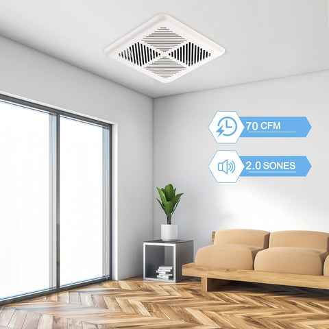 Tech Drive ceiling-mounted fan with 3-inch duct for easy ceiling install.