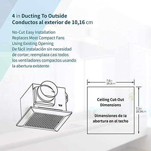 Tech Drive quiet bathroom exhaust fan duct-connection image illustrates standard 4-inch duct compatibility