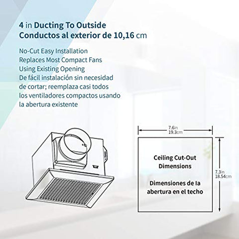 Tech Drive quiet bathroom exhaust fan duct-connection image illustrates standard 4-inch duct compatibility