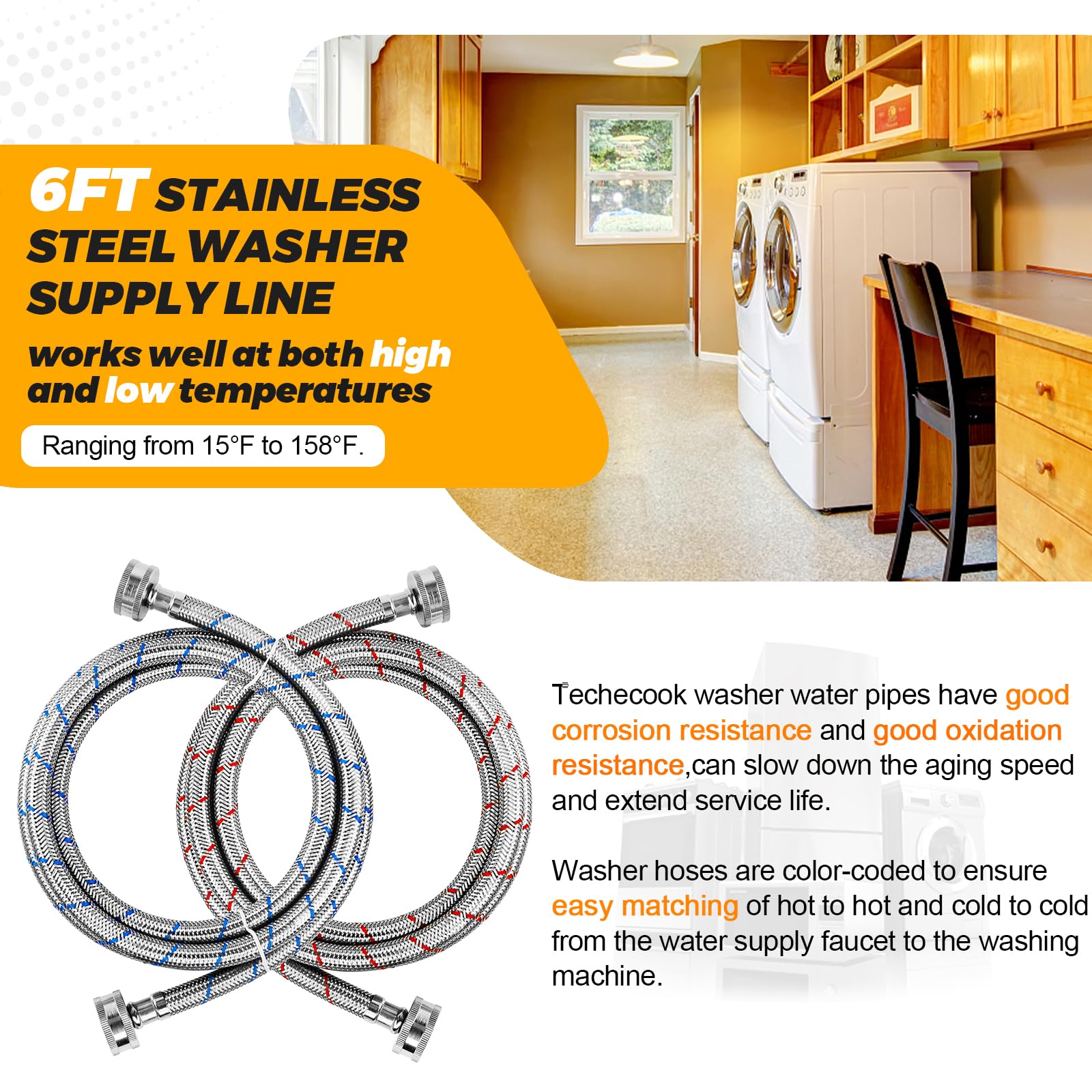 Techecook universal 3/4-inch NPT connection fits most standard washers.