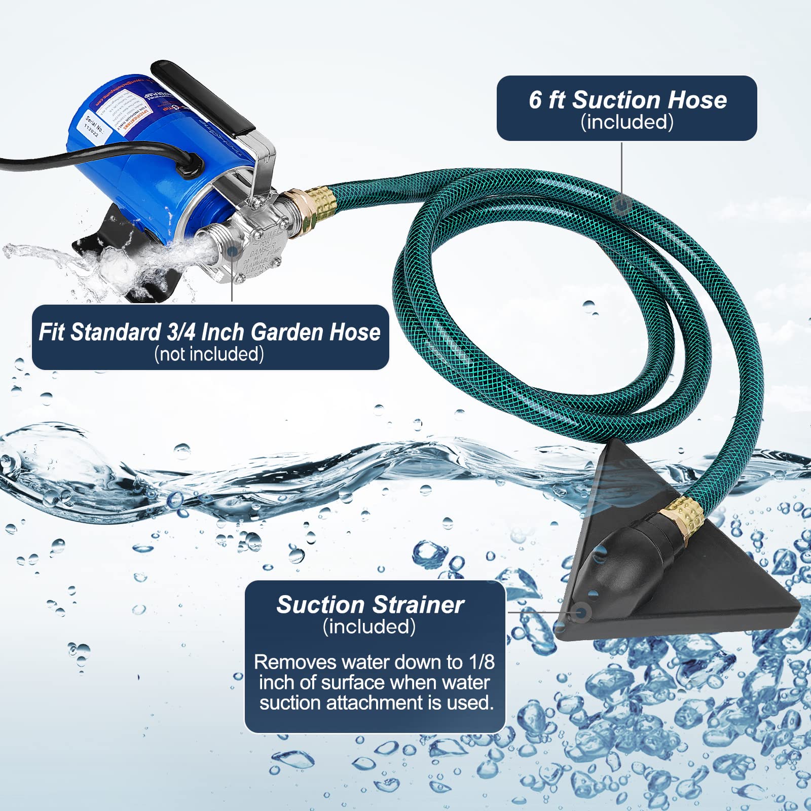 TecHome Pump with Hose 3/4-inch discharge for efficient draining.