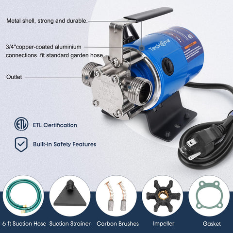 TecHome Pump with Hose suction attachment enables near-surface water removal.