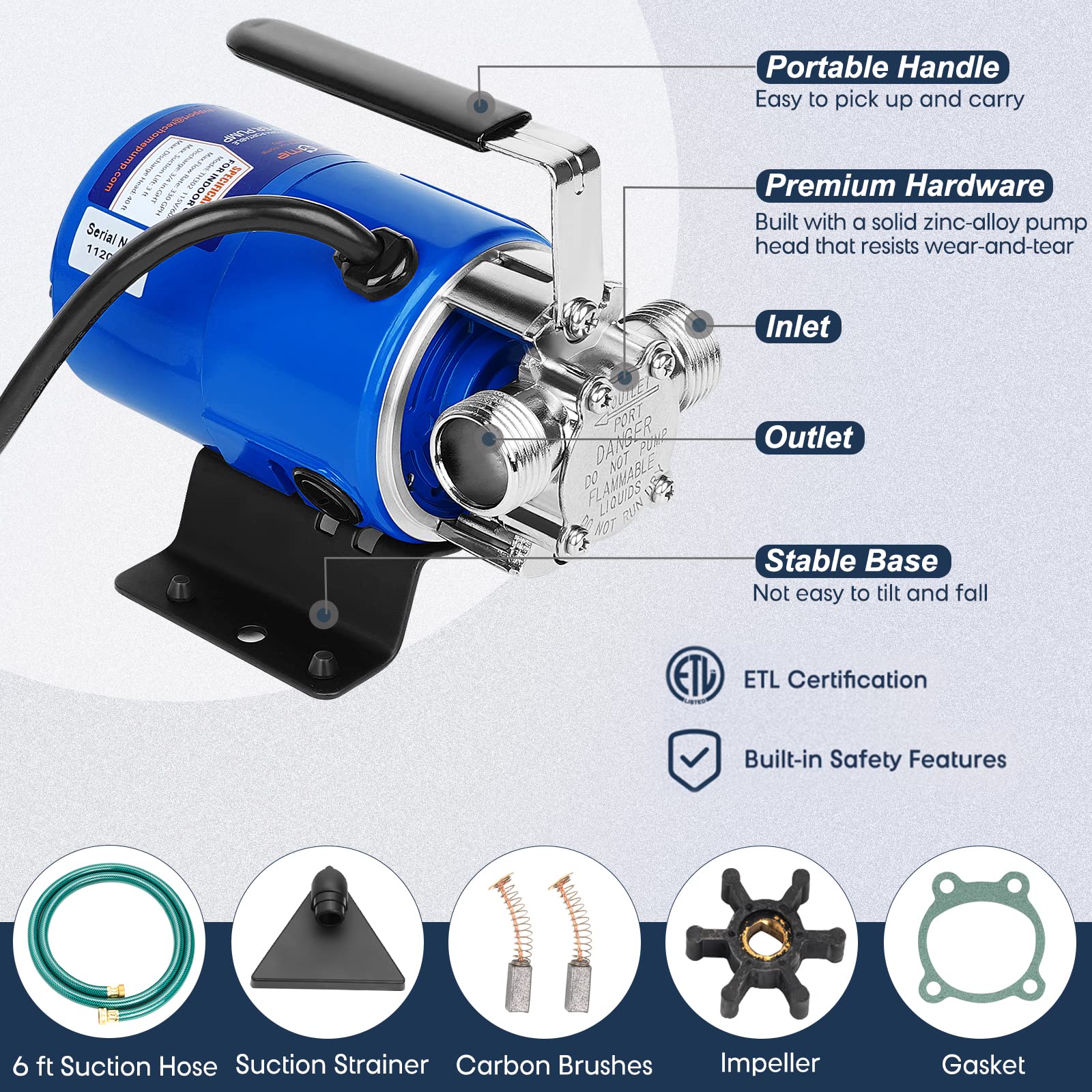 TecHome water pump with suction hose kit enables draining tight surfaces.