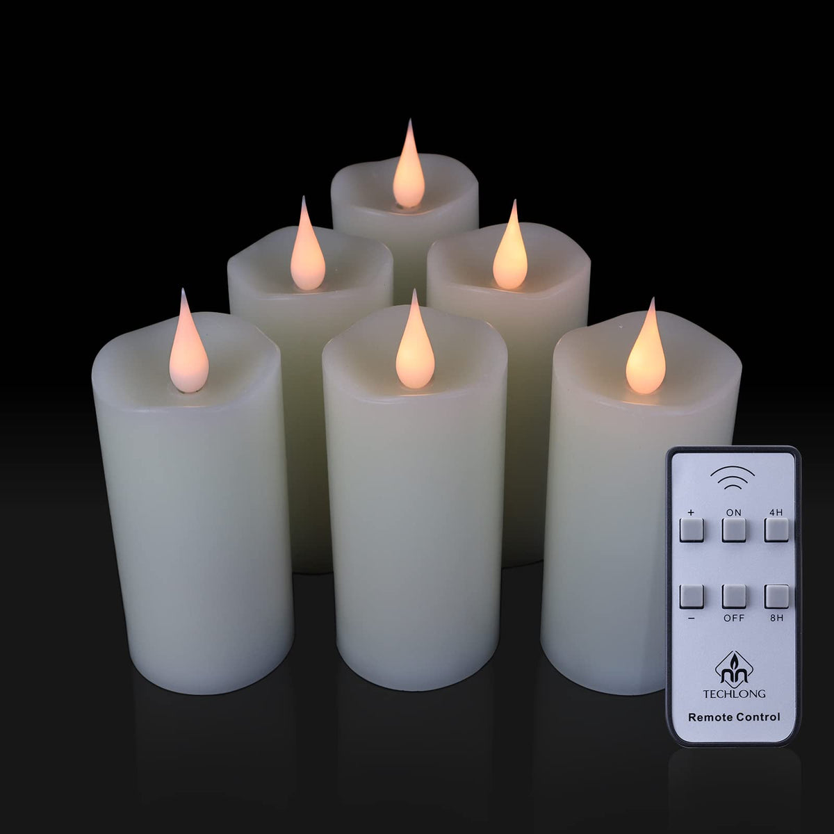 TechLong flickering flameless candle with 3D flame for realistic ambiance.