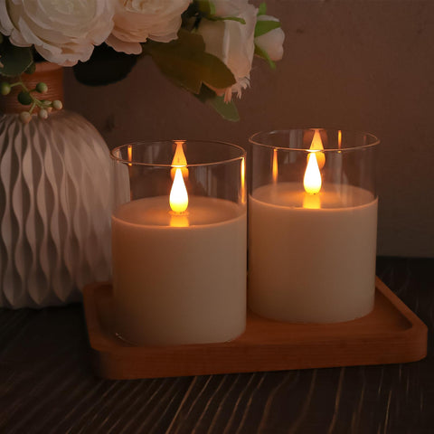 TECHLONG Glass Flameless Candle on a dining table for intimate, safe ambience.
