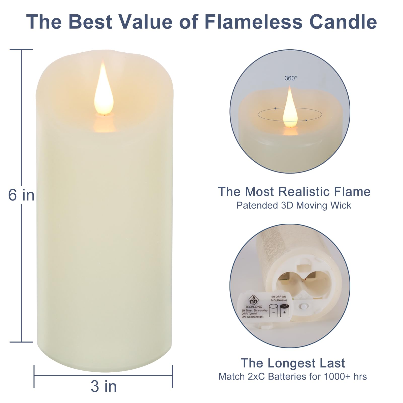 TECHLONG ivory pillar candle with real wax texture for authentic tabletop accents