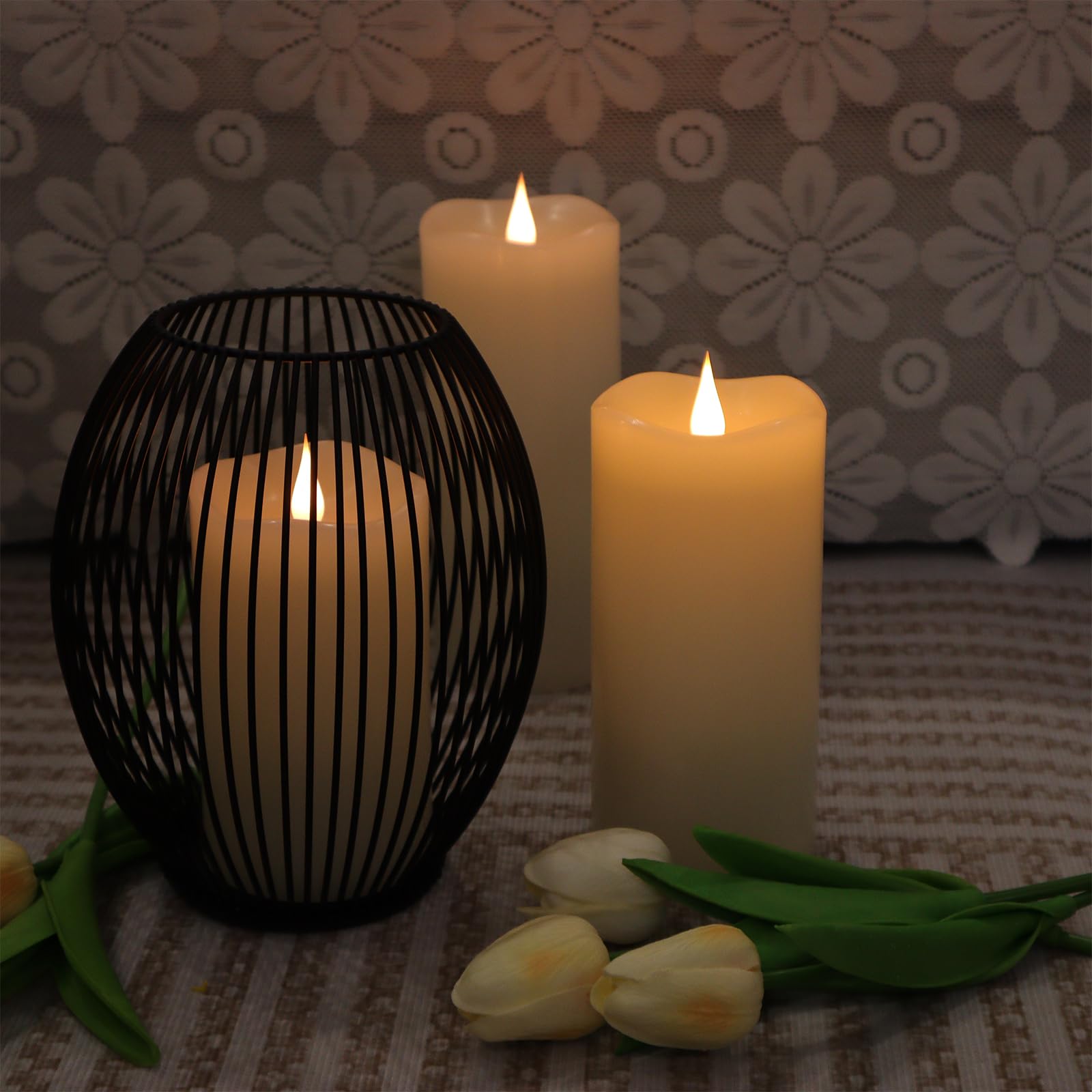 TECHLONG Ivory wax pillar set ideal for wedding and Christmas decor