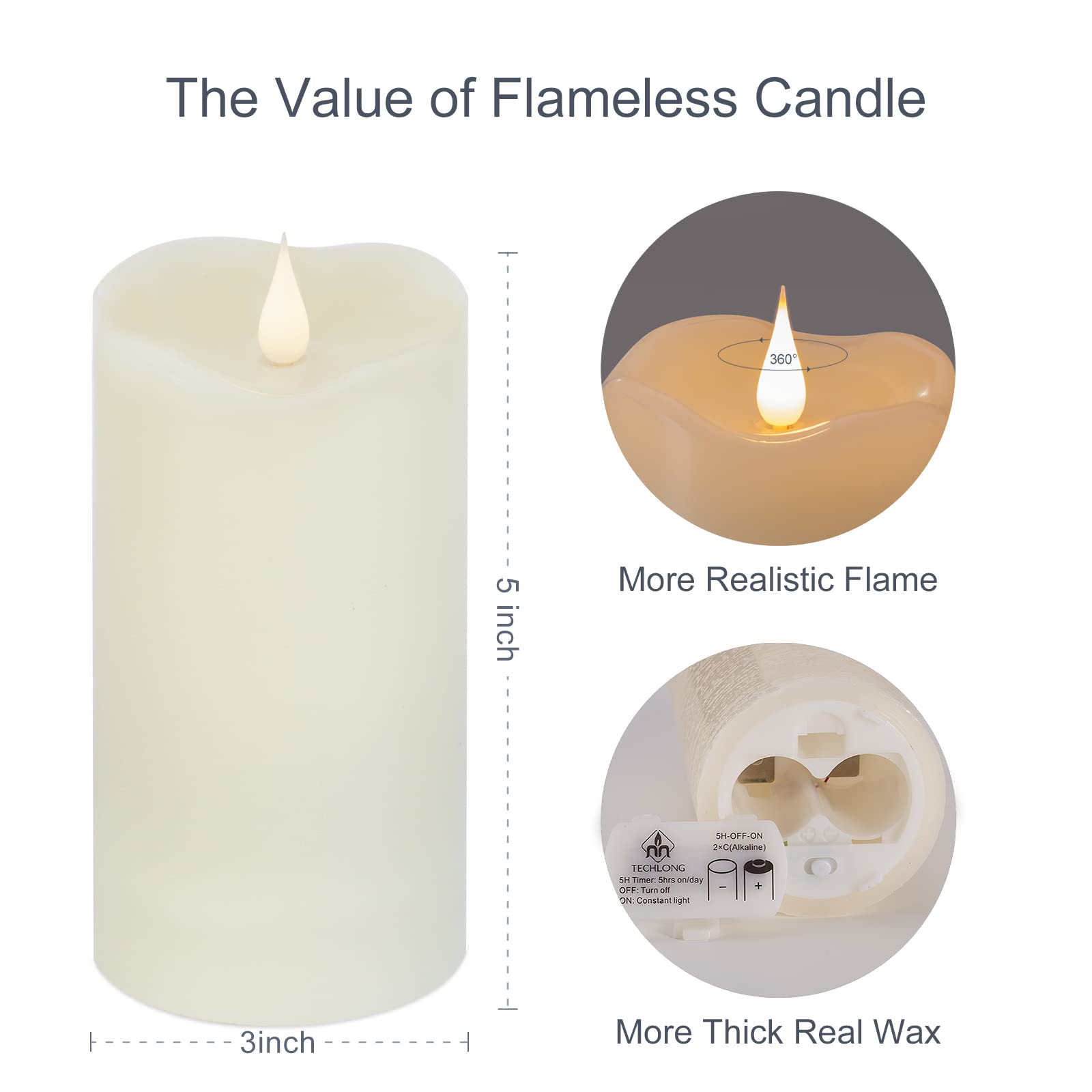 TECHLONG real wax pillar candles with authentic texture and warmth