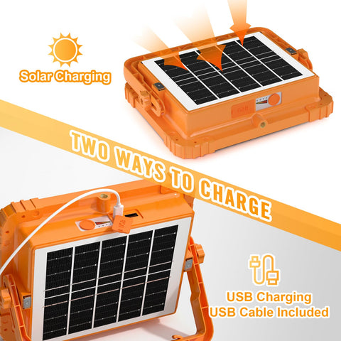 TechMUR 100W LED Solar Work Light back panel highlights solar charging