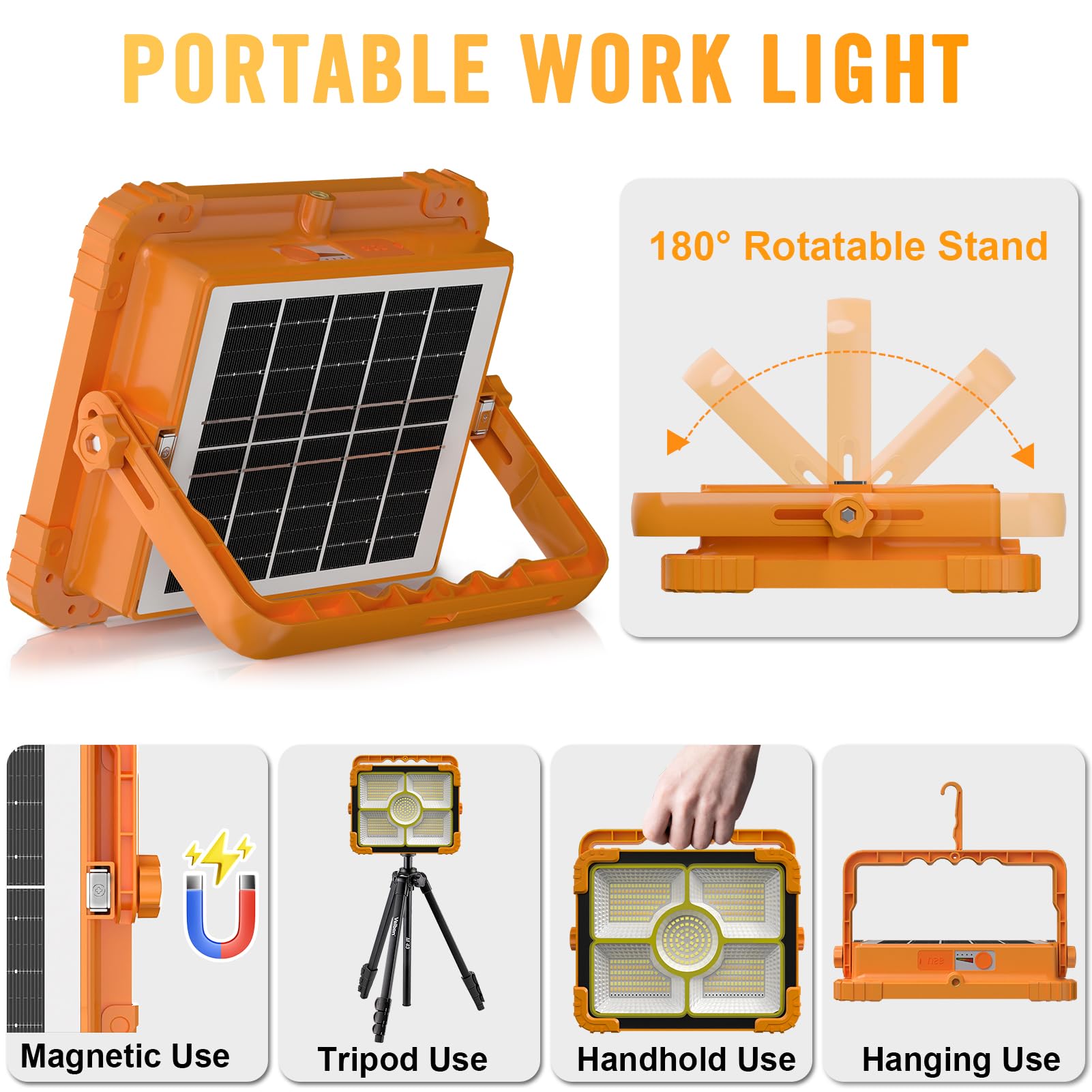TechMUR solar work light with hanging hook for versatile mounting