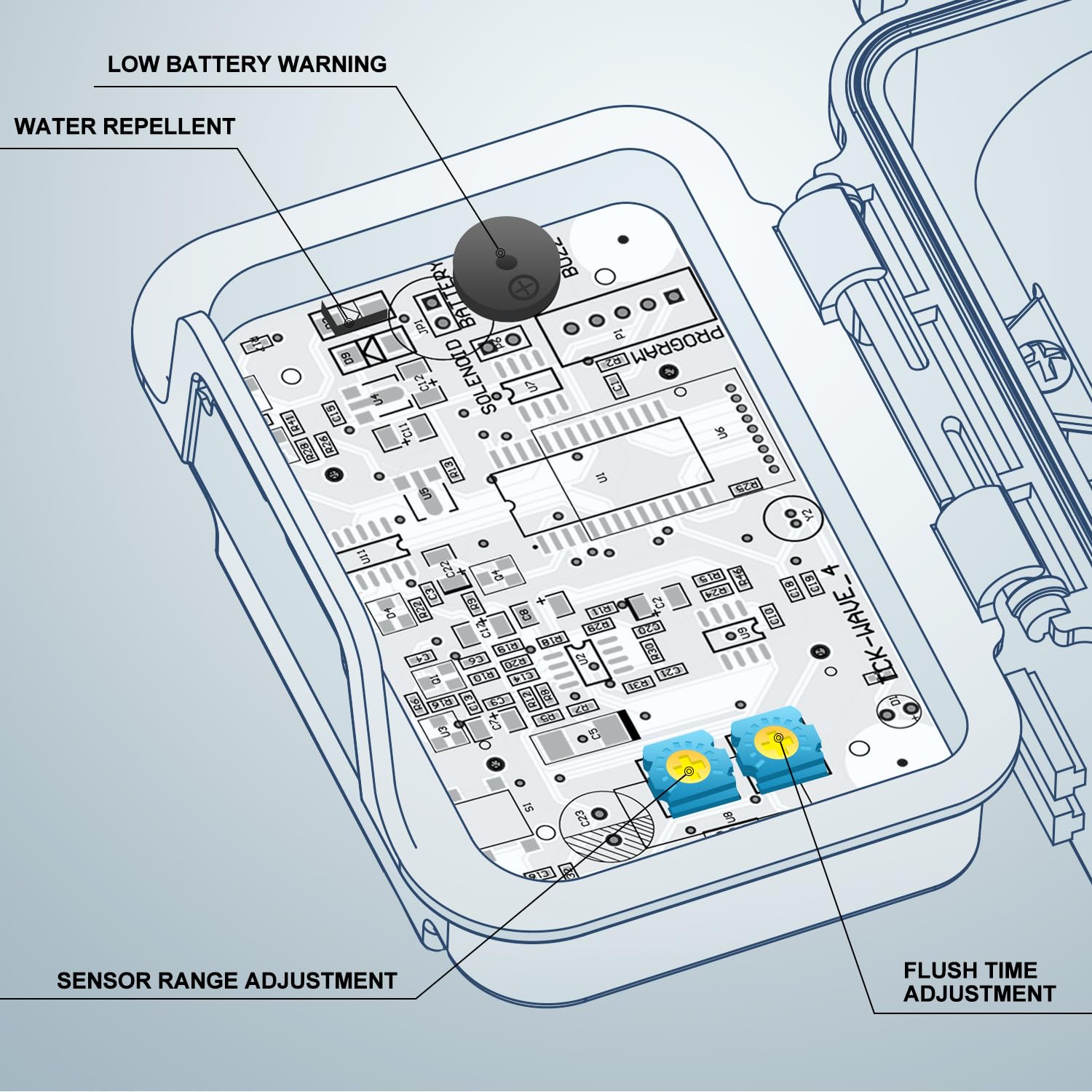 TECHO sensor range adjustment knob demonstrating customizable flush reach.