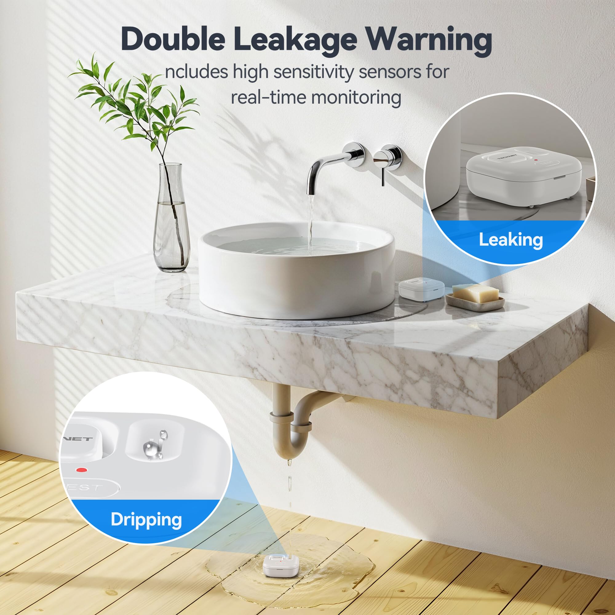TECKNET 120dB siren leak detector emits a loud alert when water is detected.