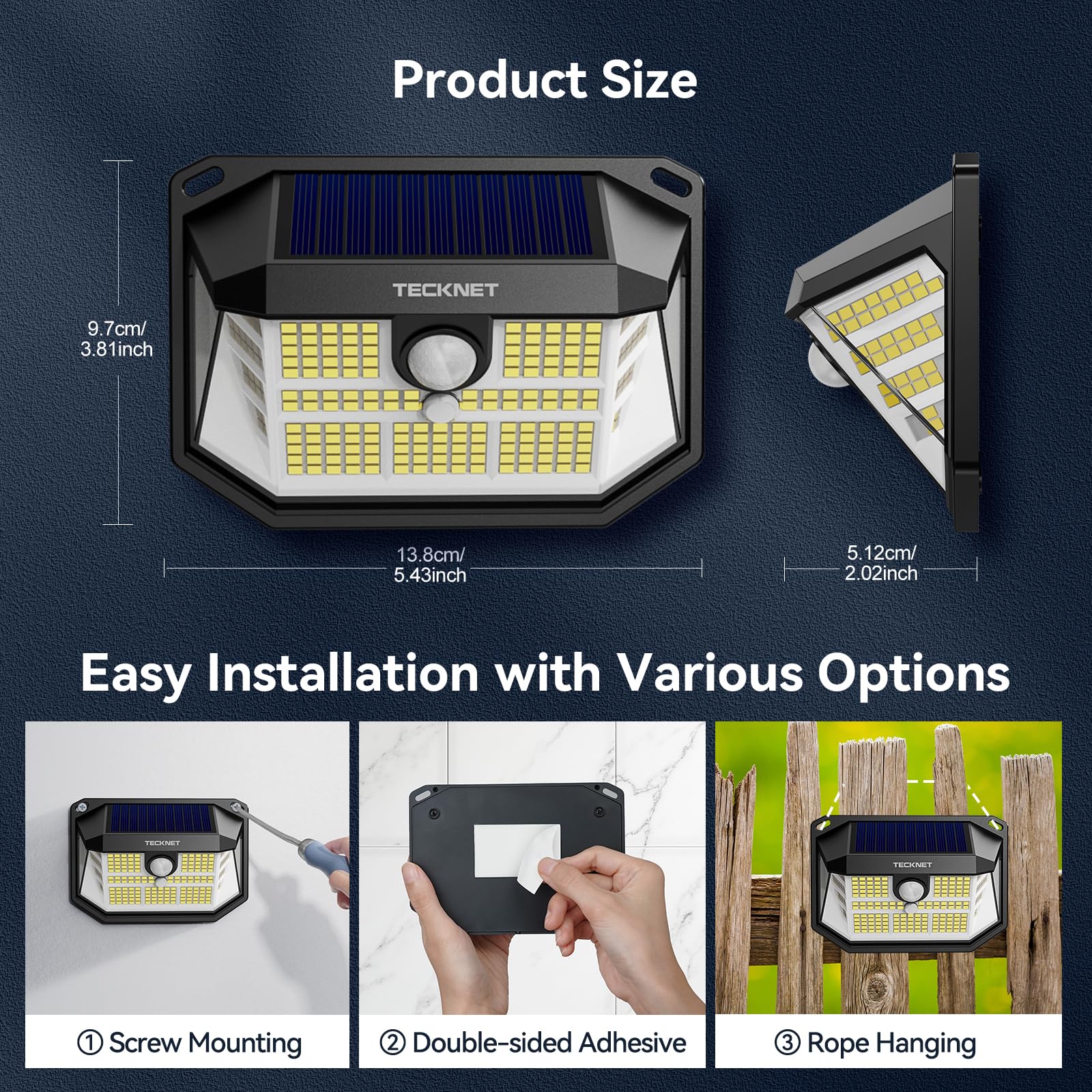 TECKNET 231 LED solar motion light installation options include screws or tape