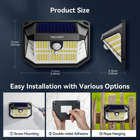 TECKNET 231 LED solar motion light installation options include screws or tape