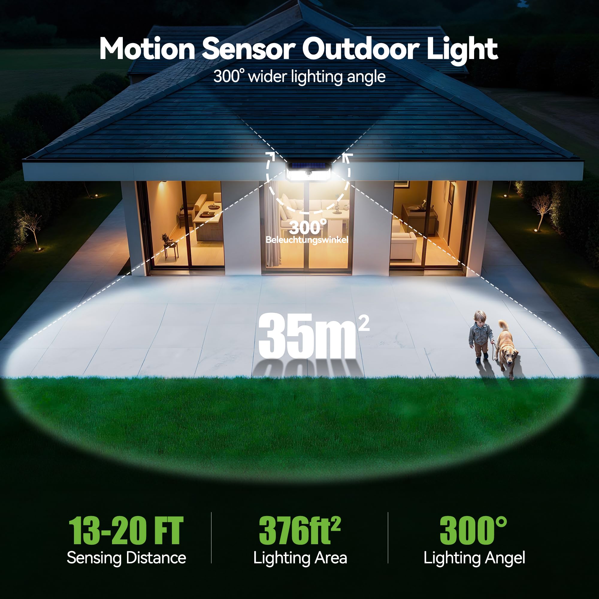TECKNET 4200LM solar light above garage door enhances security and entry comfort.