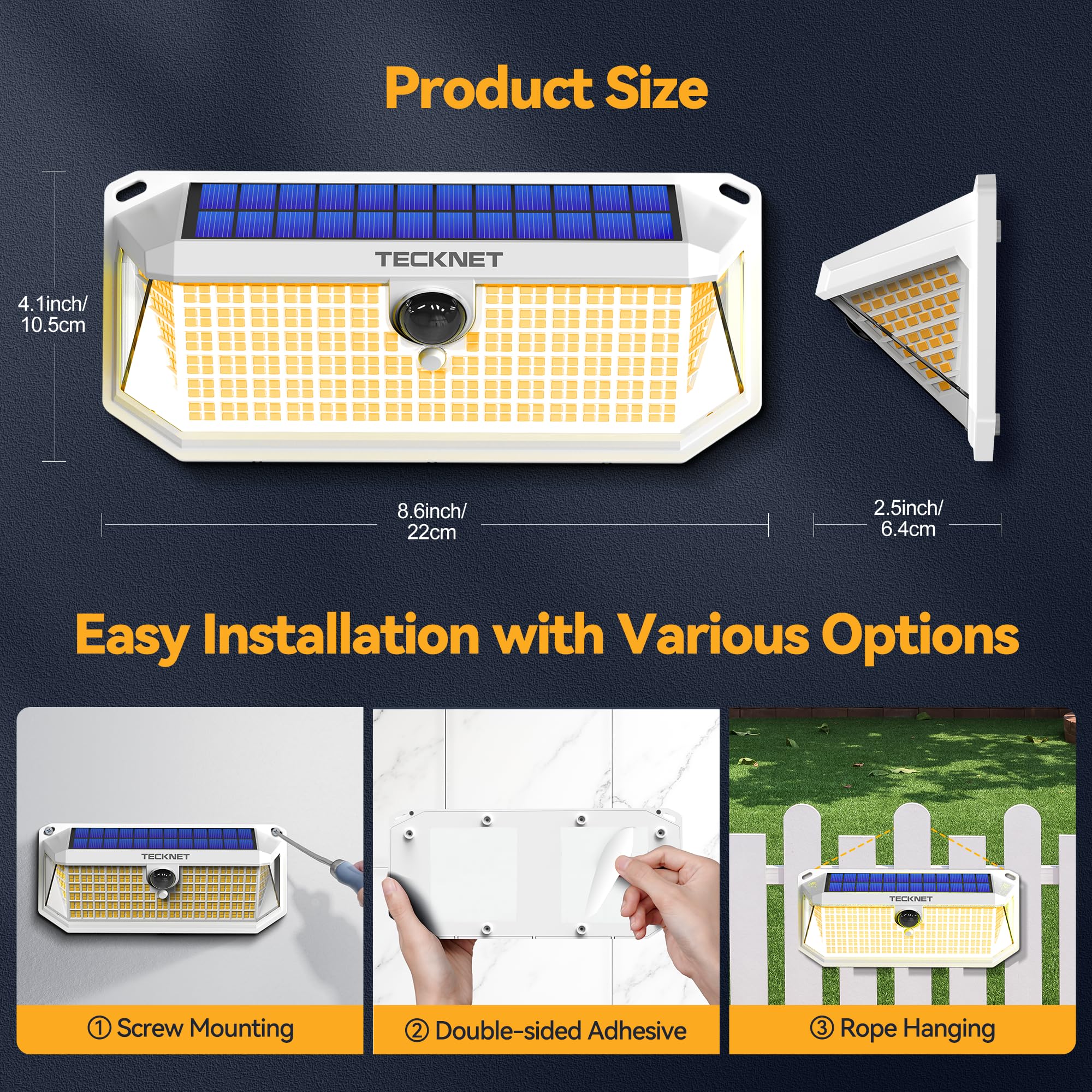TECKNET easy-install solar light with screws or tape for versatile mounting