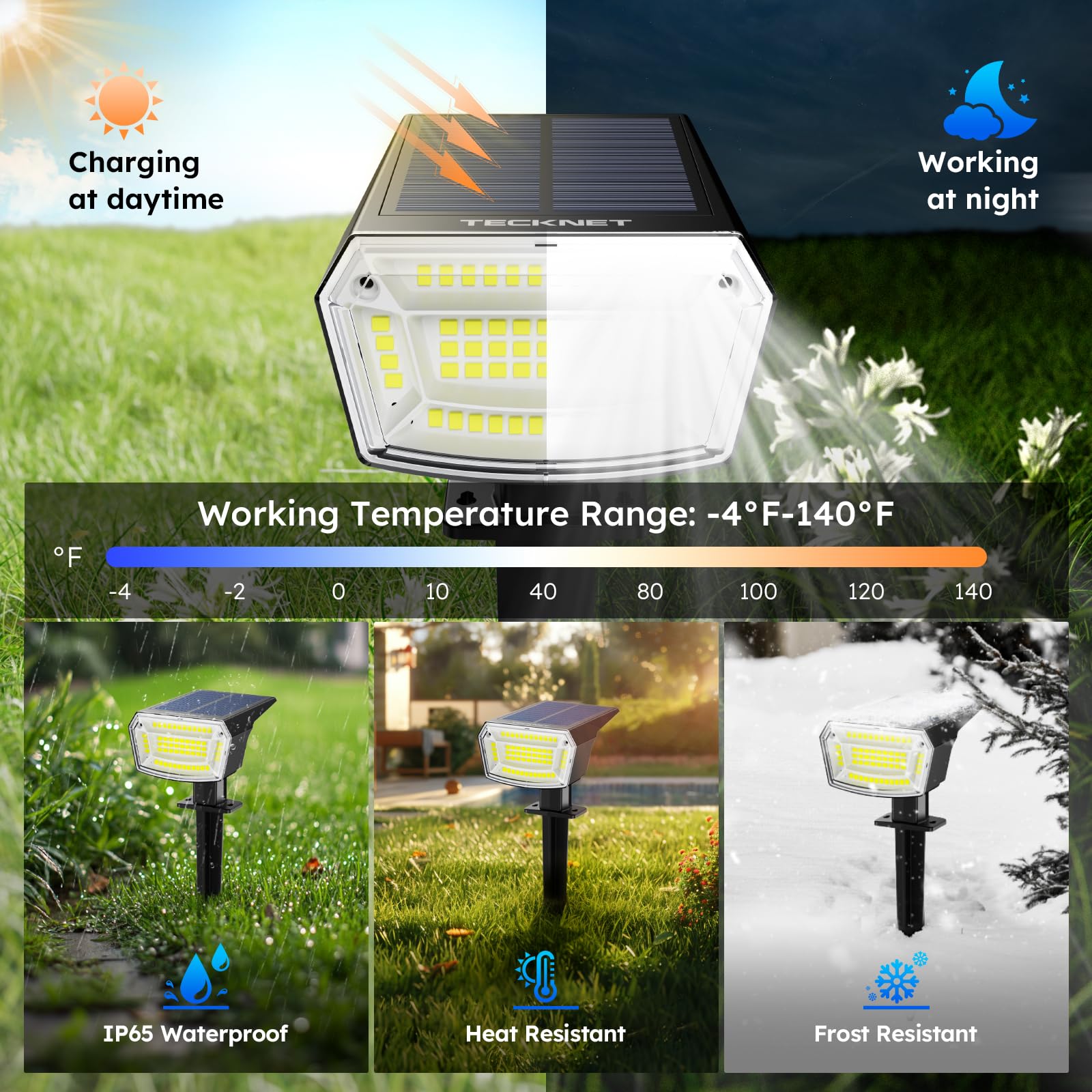 TECKNET auto on off solar spotlight powers up automatically at dusk.