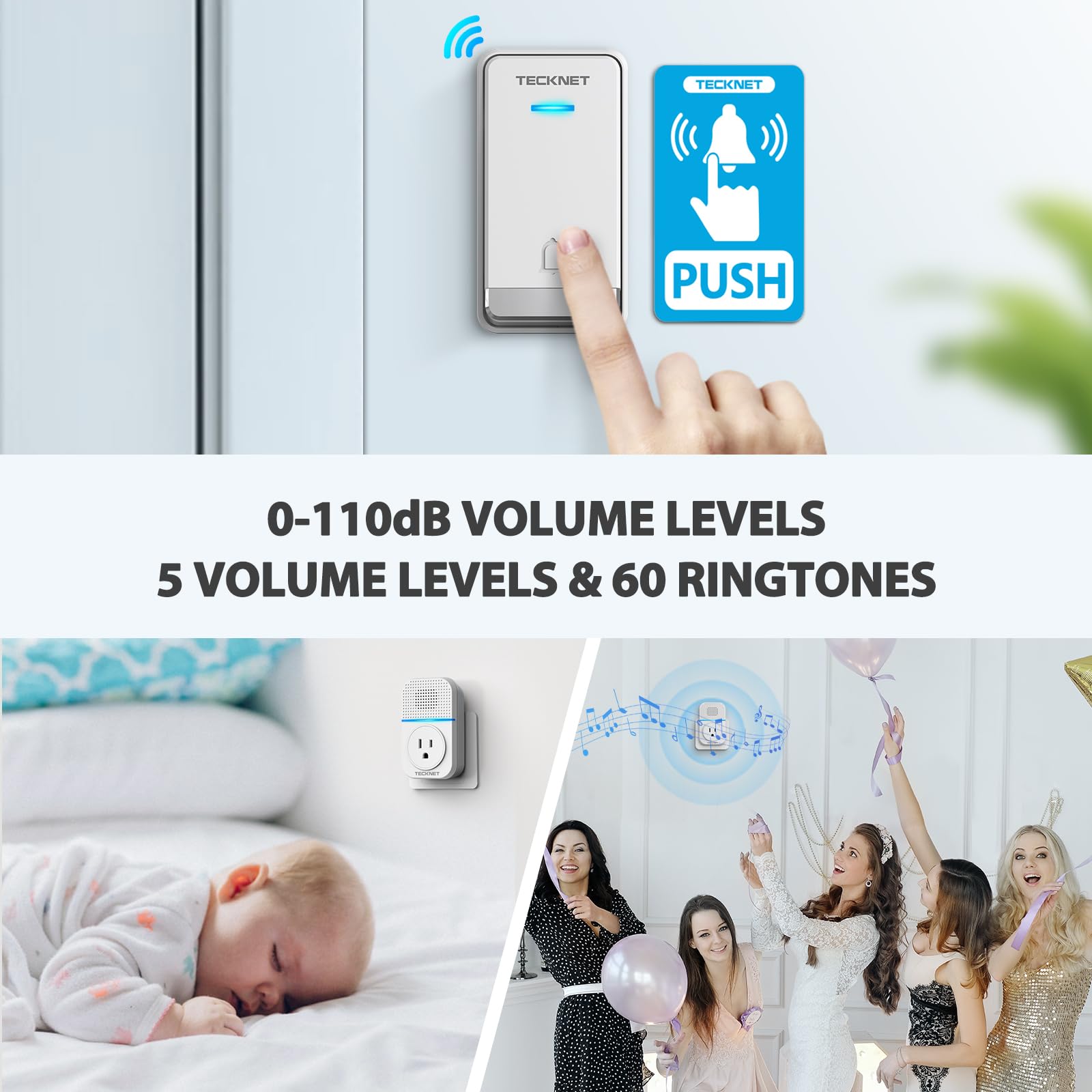 TECKNET doorbell with 60 chimes and adjustable volume for flexible alerts.
