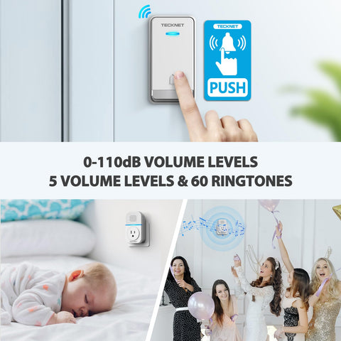 TECKNET doorbell with 60 chimes and adjustable volume for flexible alerts.