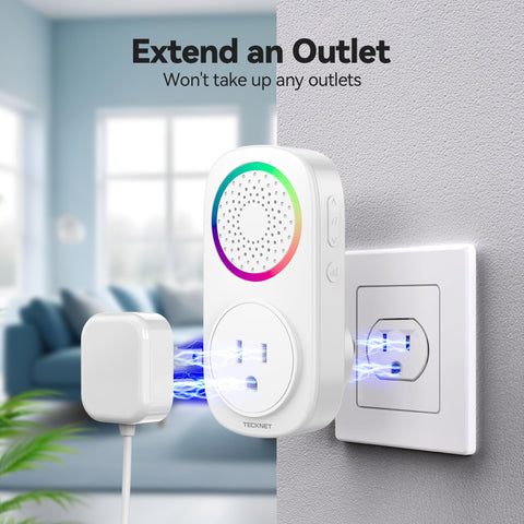 TECKNET doorbell button close-up showing self-powered action for reliable notifications