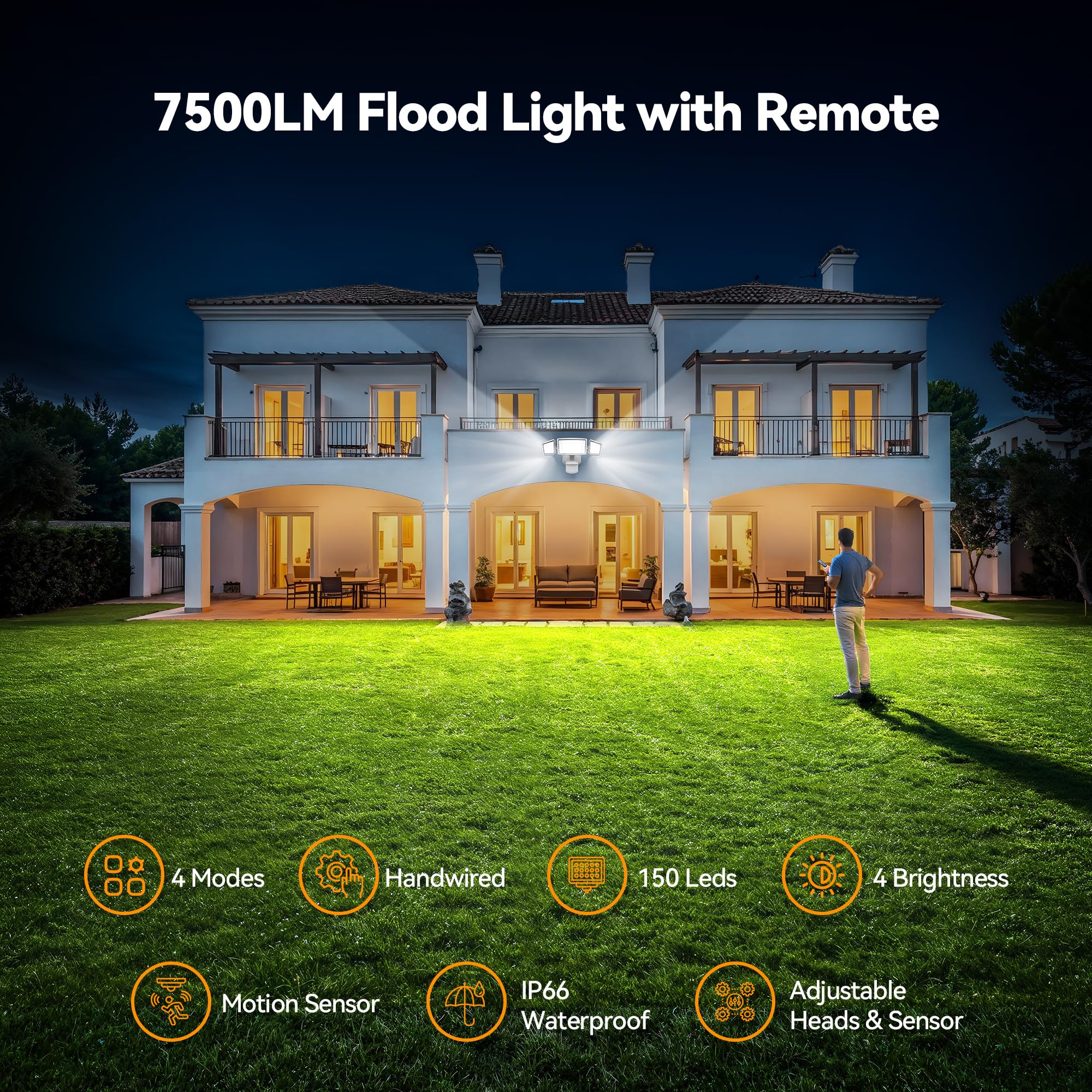 TECKNET motion flood light remote control enables easy mode switching and dimming.