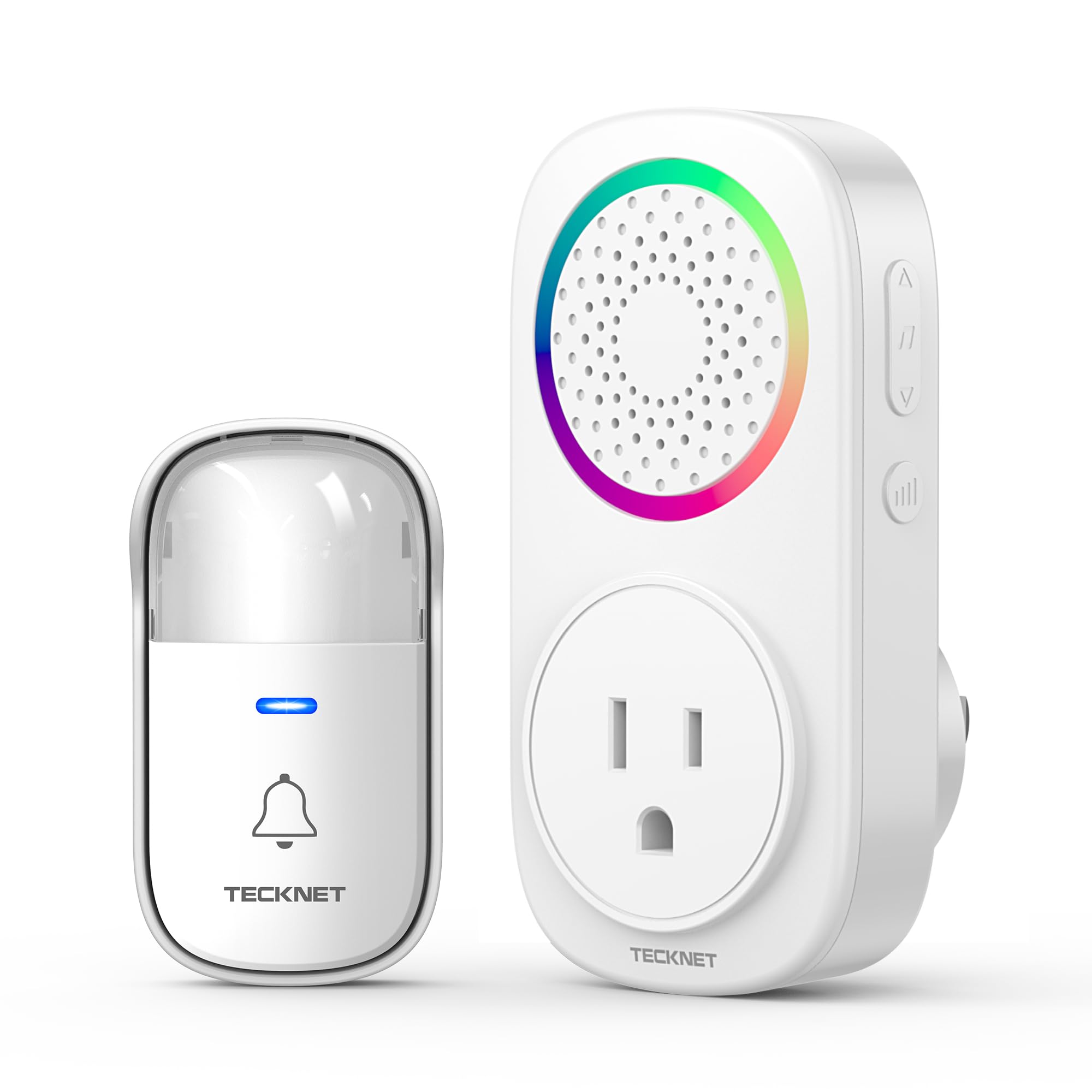 TECKNET self-powered doorbell front view showing plug-through setup for easy installation