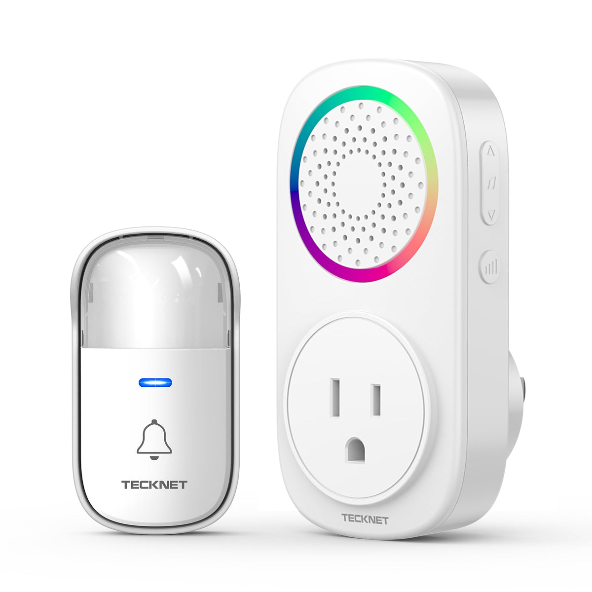 TECKNET self-powered doorbell front view showing plug-through setup for easy installation