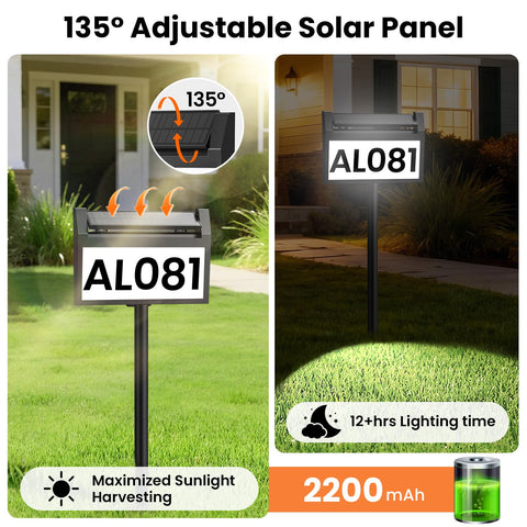 TECKNET solar address sign side view highlights adjustable panel for optimal sun exposure.