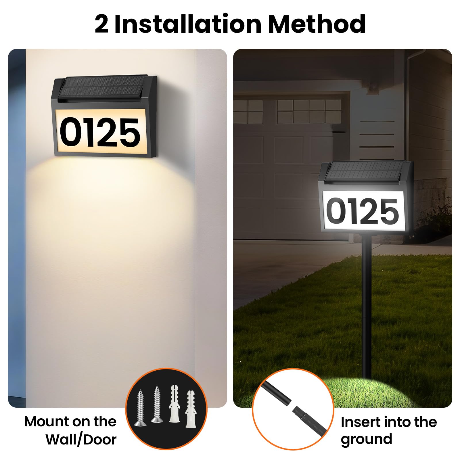 TECKNET solar address sign stake assembly showcases ground installation option.