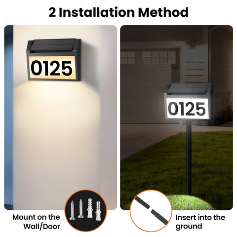 TECKNET solar address sign stake assembly showcases ground installation option.