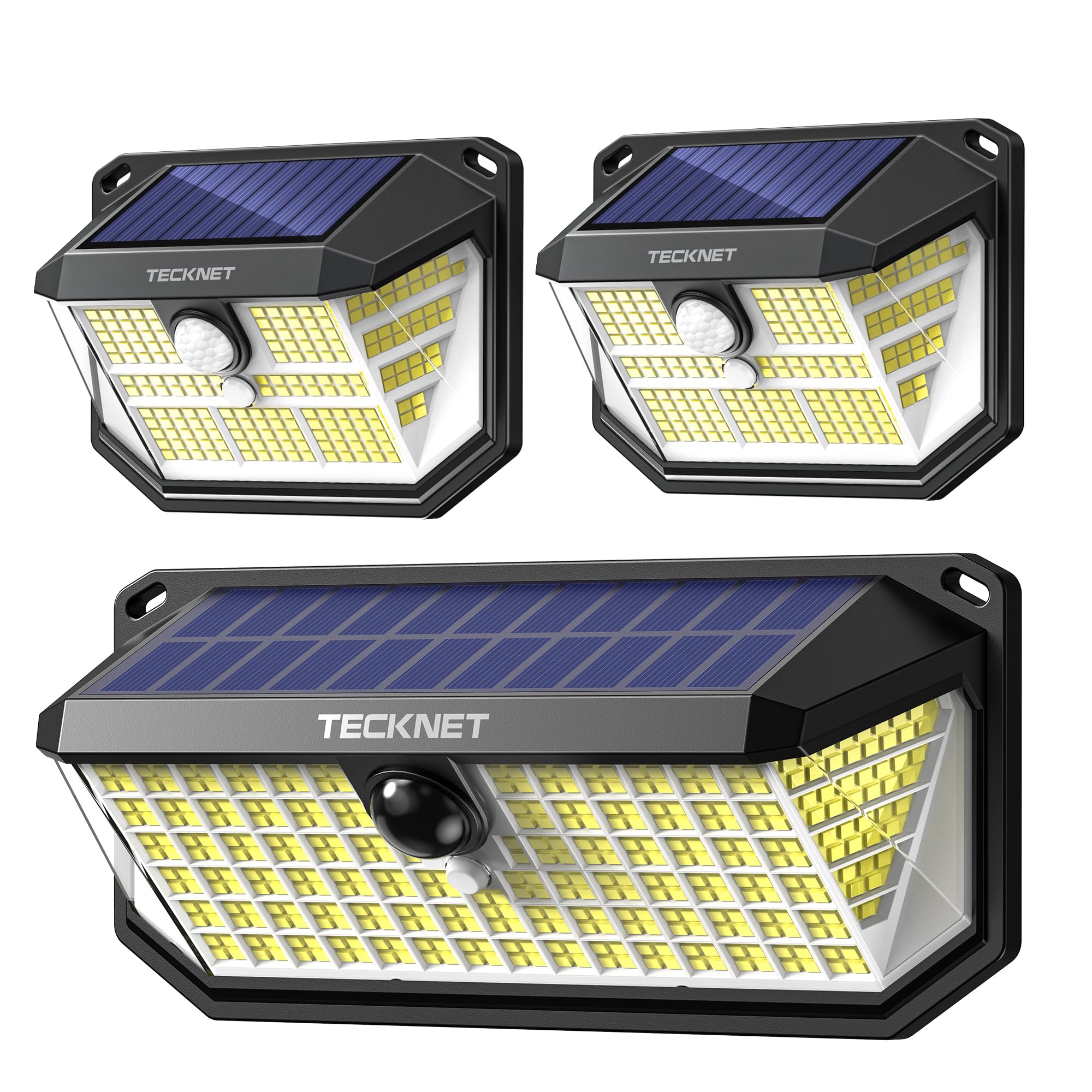 TECKNET solar lights outdoor 3-pack front view illuminating pathways with broad coverage