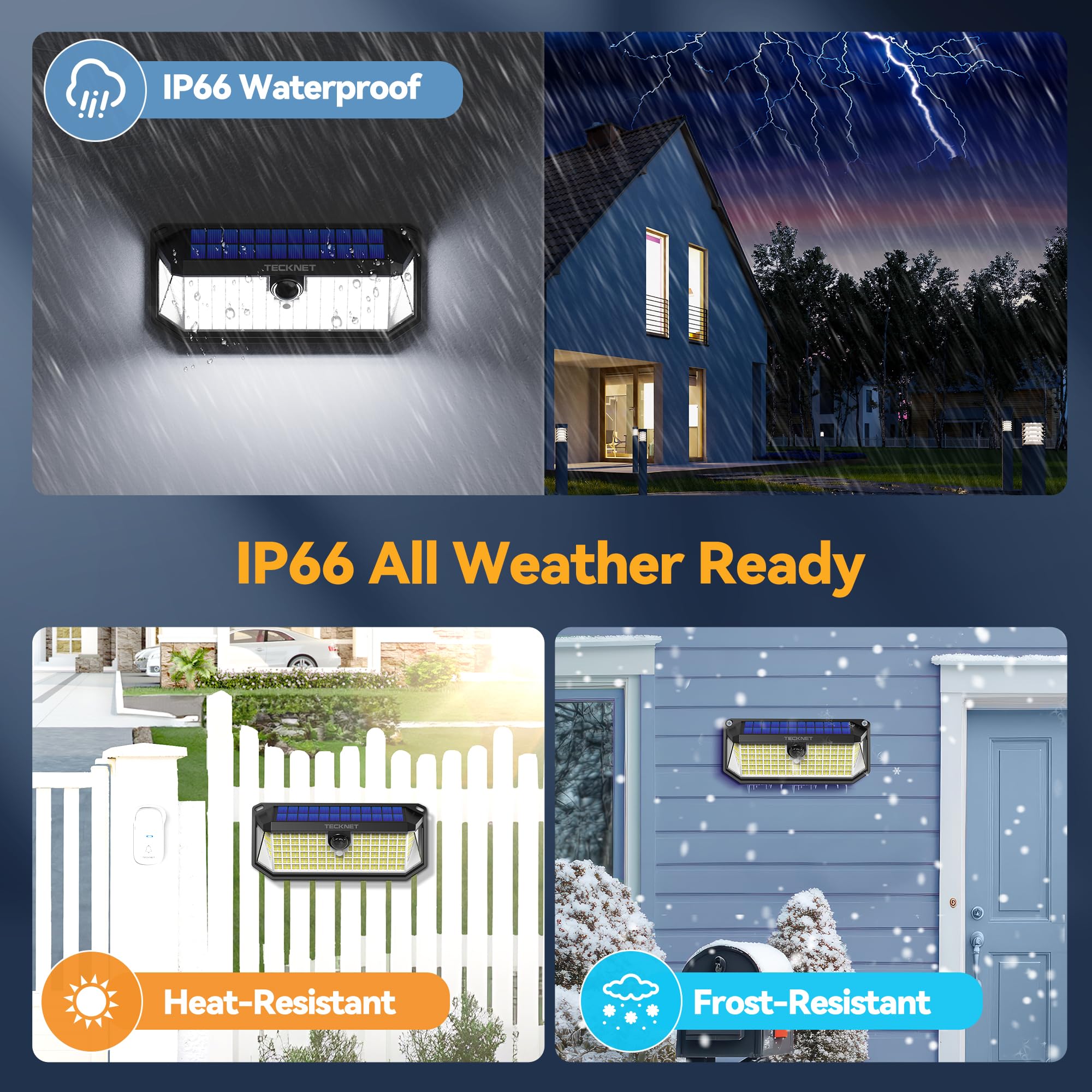 TECKNET solar lights outdoor 3-pack IP66 rating highlights all-weather durability