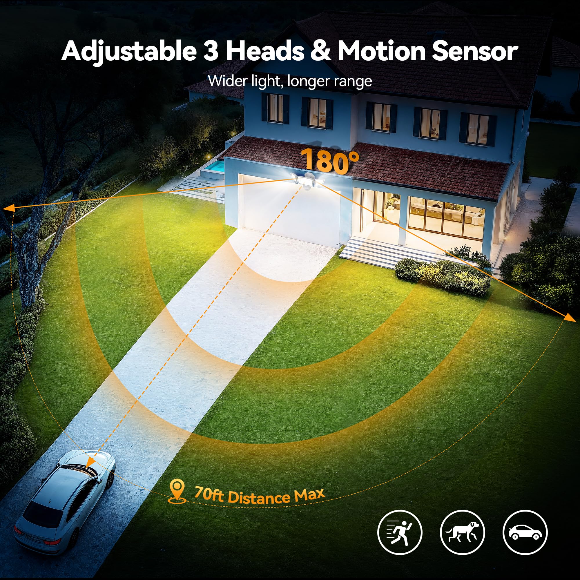 TECKNET three-head flood light angles to cover every corner of the yard.