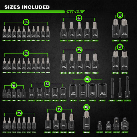 TecoTek E-torx sockets with visible sizes for fast identification
