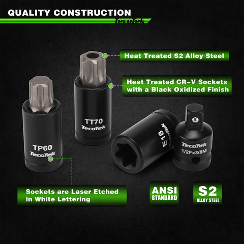 TecoTek Torx size range from E4–E24 and T6–T70 for versatile repairs