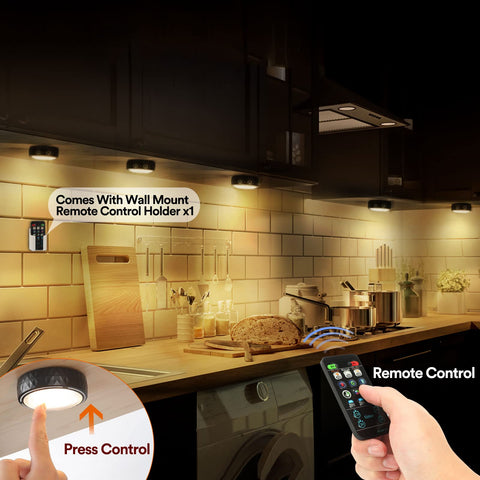 TECOMLIGHT battery powered puck light in use with quick adhesive or screw installation.