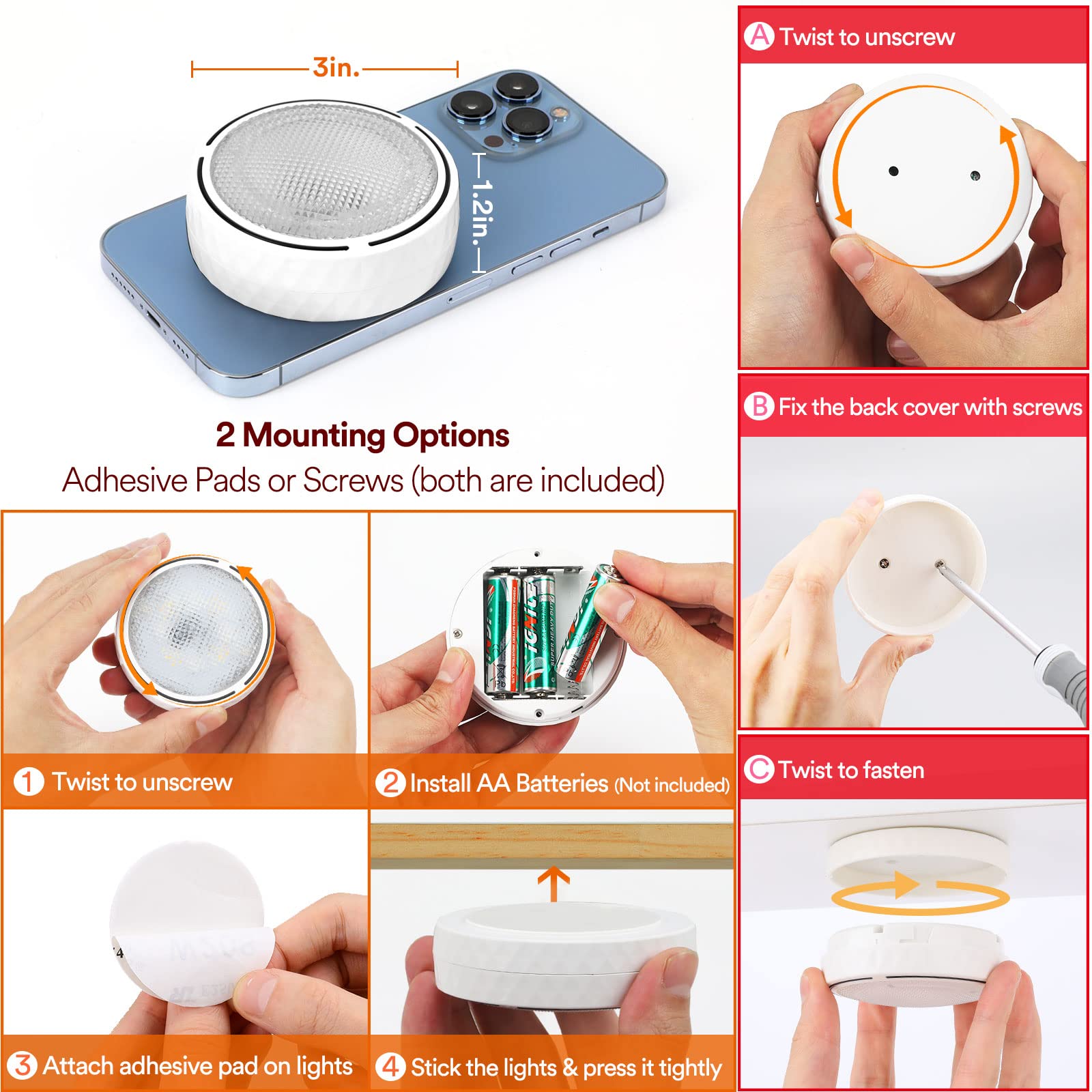 TECOMLIGHT puck light battery-operated, no wiring needed for quick setup