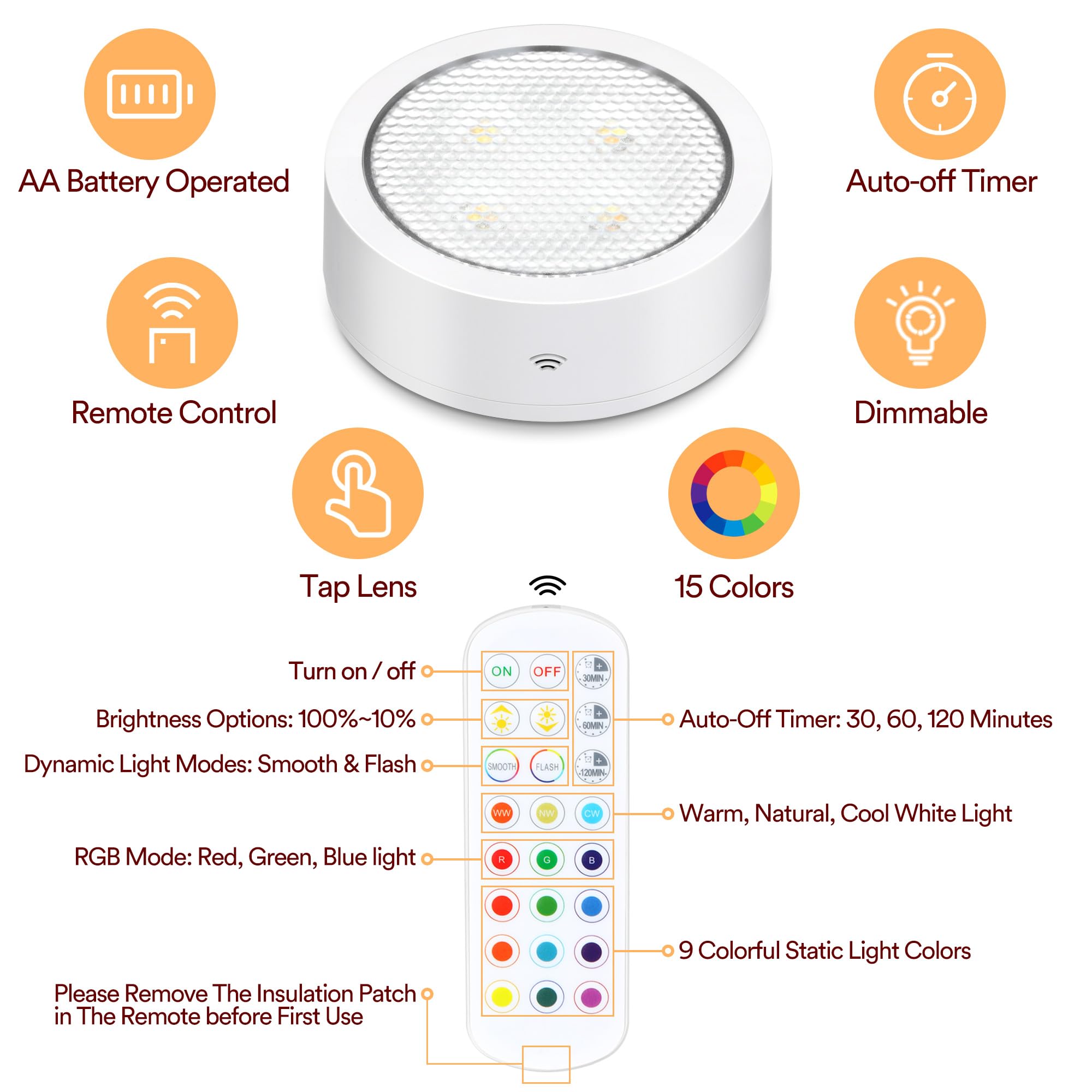 TECOMLIGHT Puck Light installation with adhesive pads offers cordless setup.