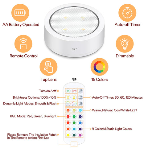 TECOMLIGHT Puck Light installation with adhesive pads offers cordless setup.