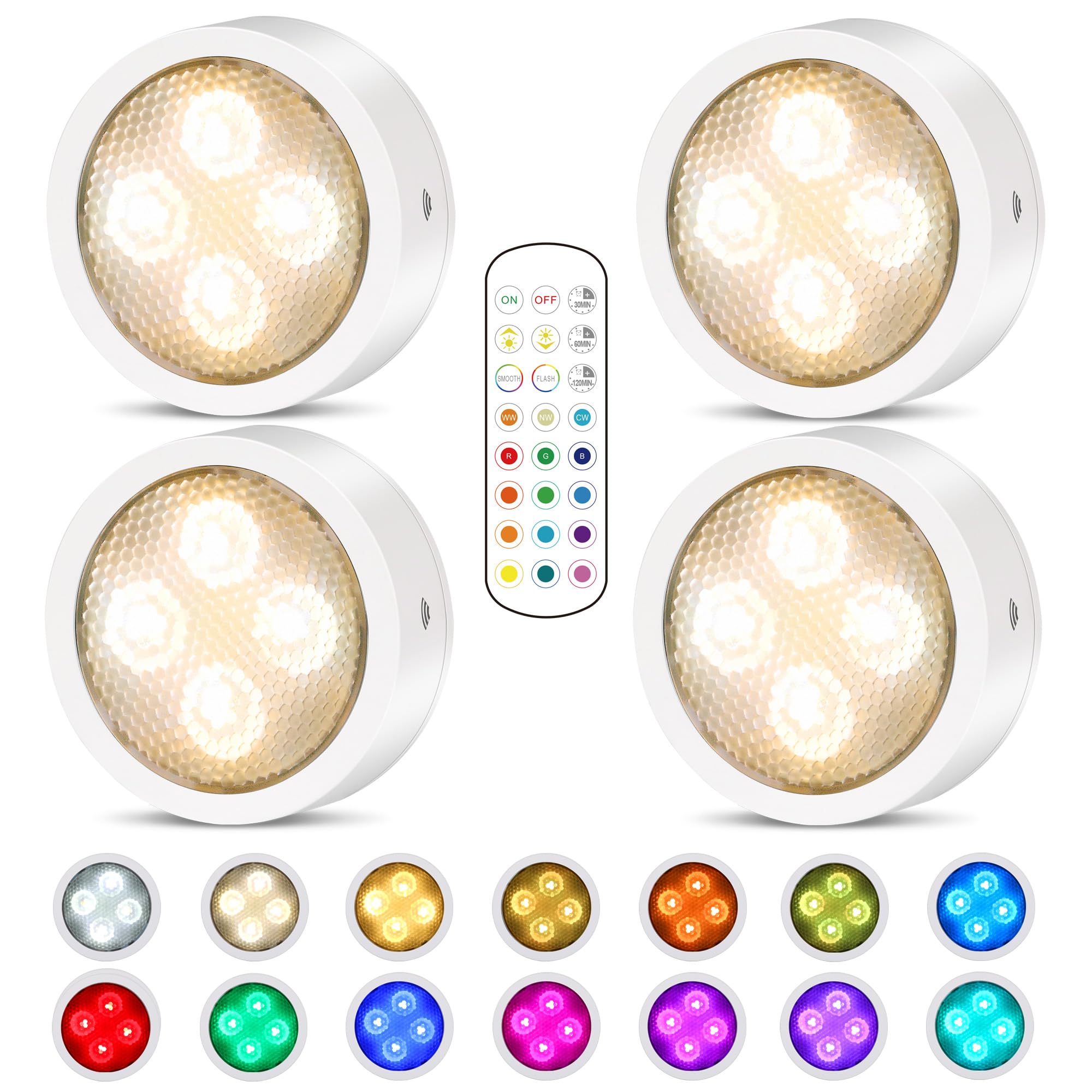 TECOMLIGHT Puck Light with remote control illuminates cabinets with flexible color options.