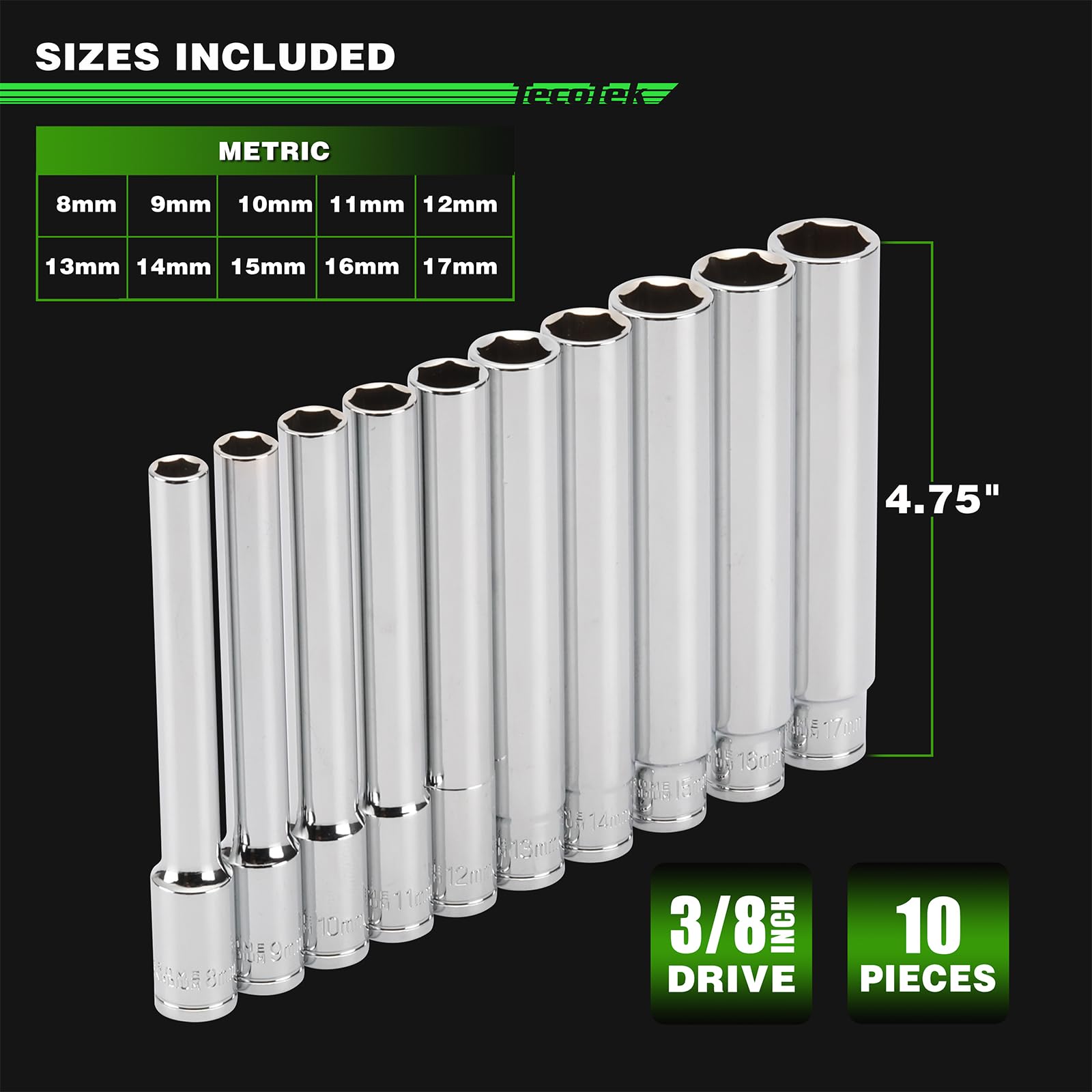 TecoTek 9mm extra-deep socket eases access to tight fasteners.