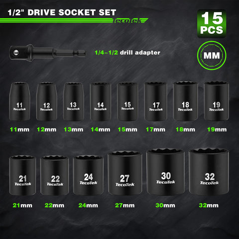 TecoTek 12-point metric sockets laid out 11mm to 32mm for versatile repairs