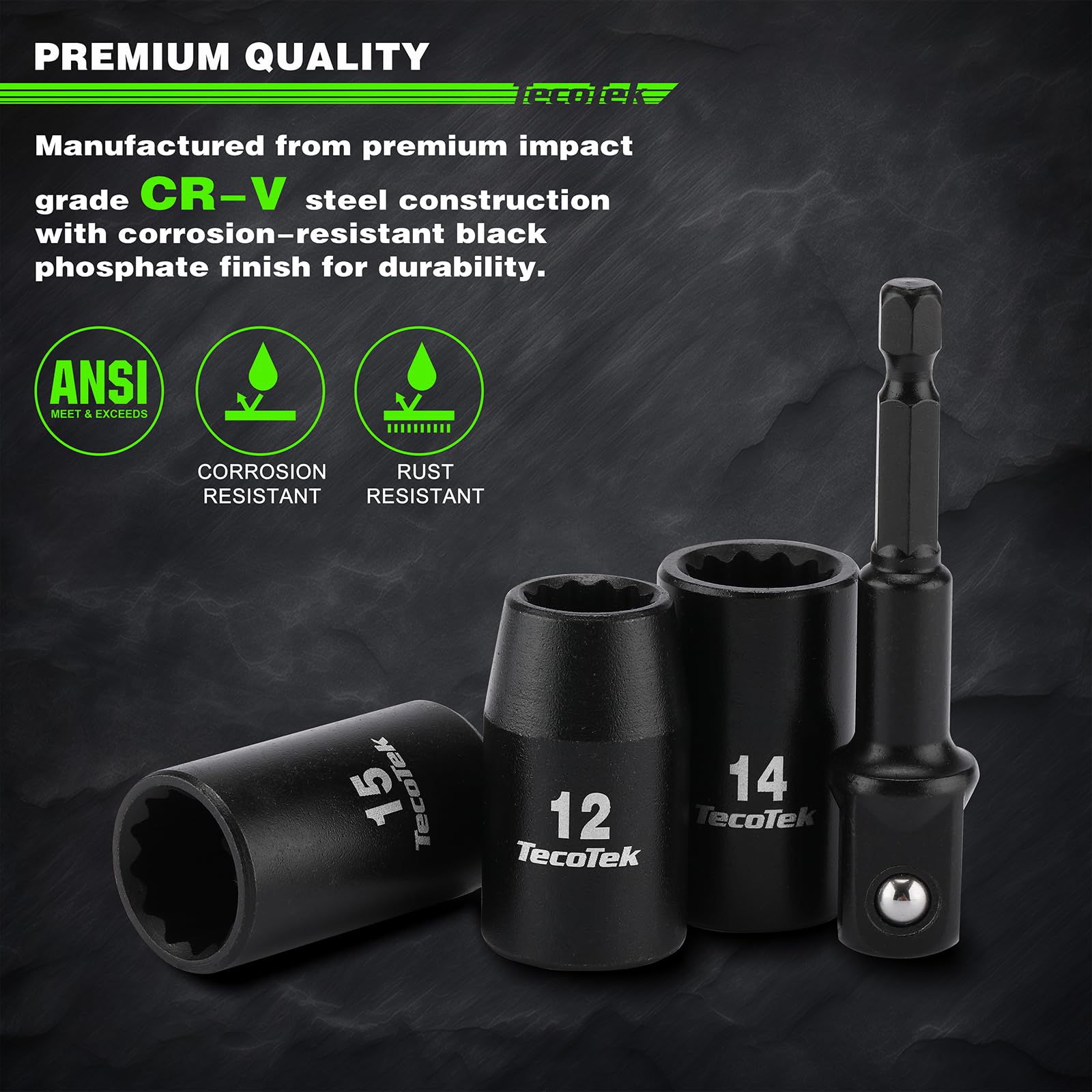 TecoTek 12-point sockets with laser-etched markings ensure quick size identification