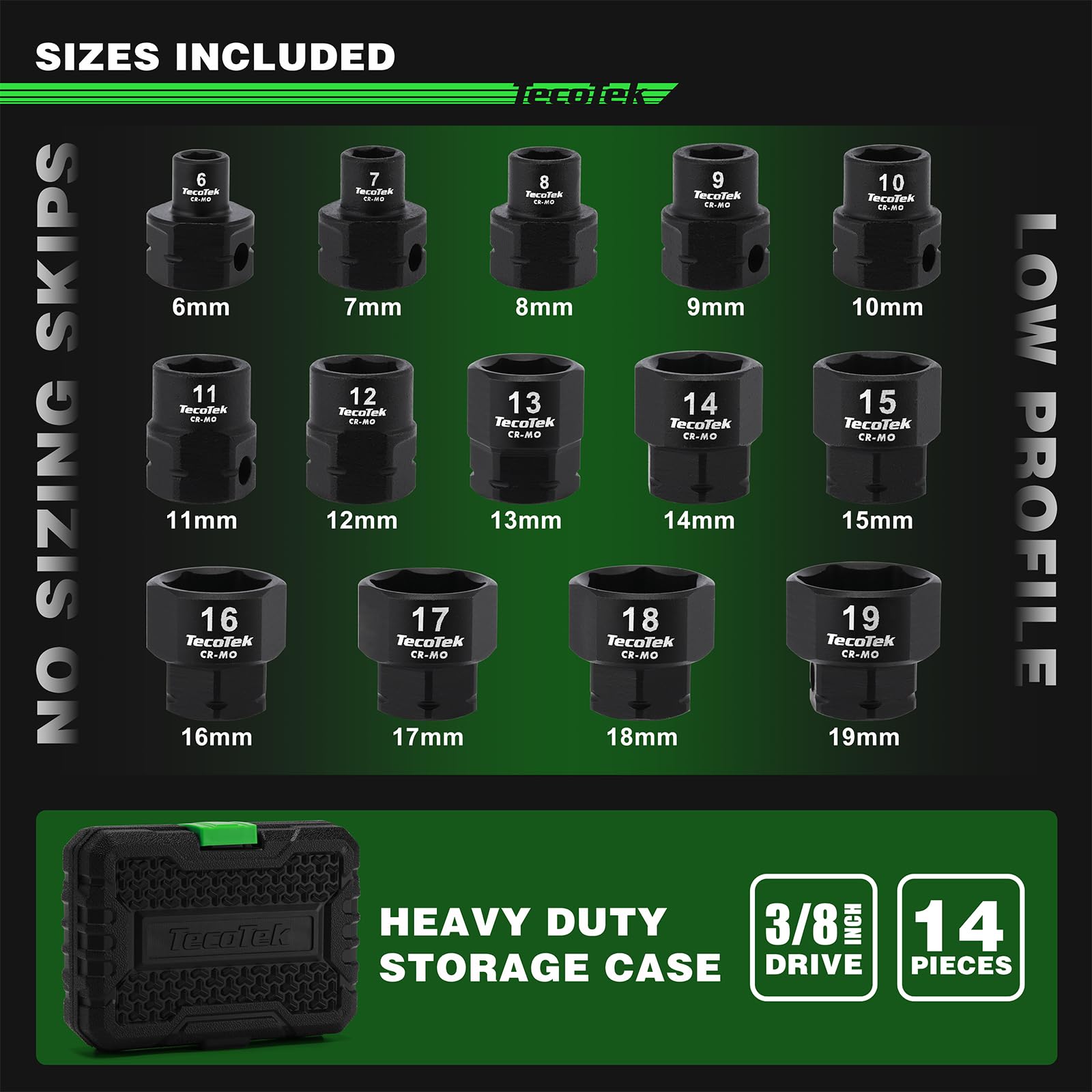 TecoTek sockets showing clear size markings for quick identification.