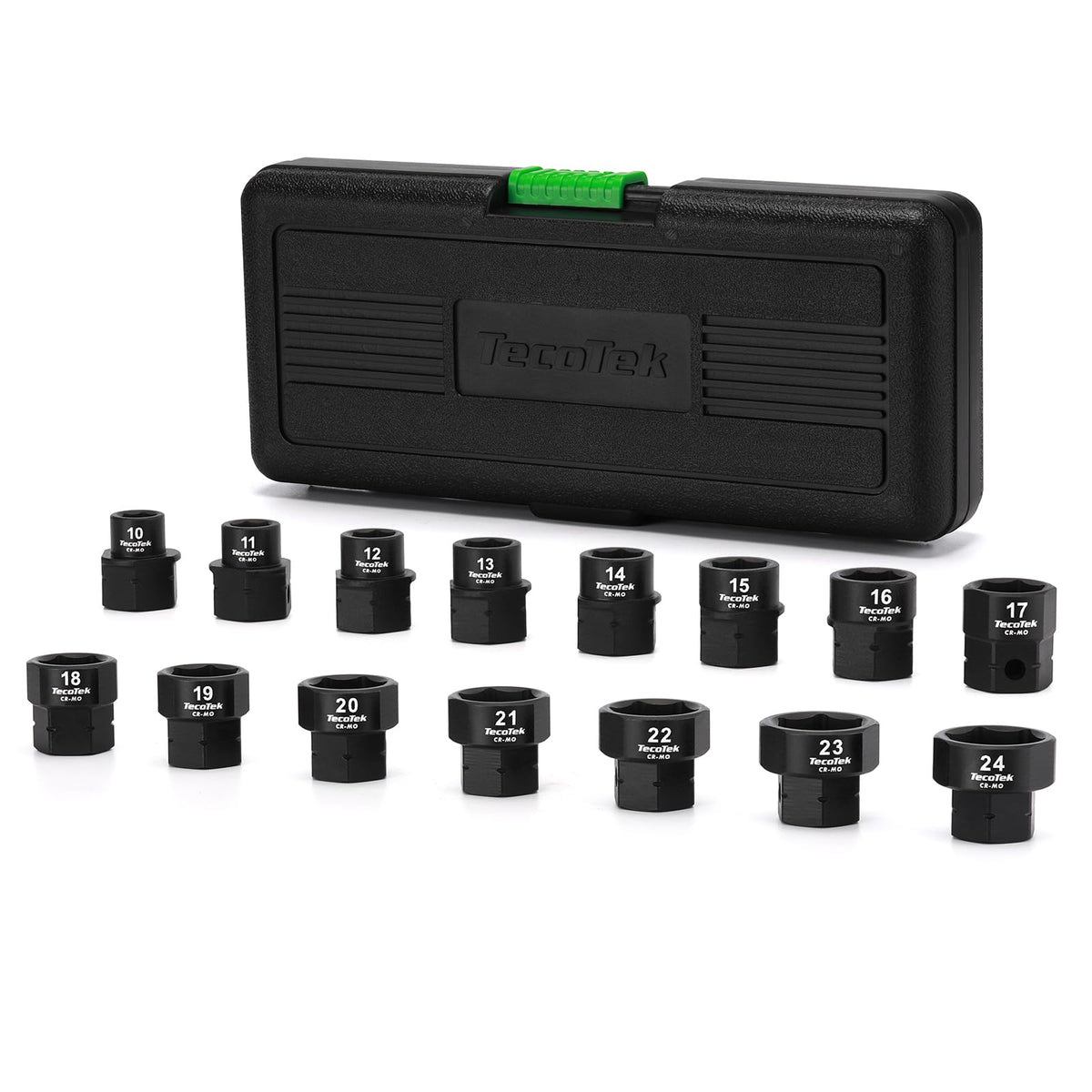 TecoTek 15-piece low-profile socket set in case for easy transport.