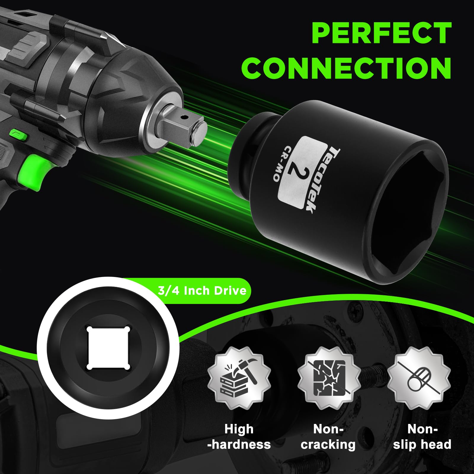 TecoTek 3/4-inch drive deep impact socket for 1-1/2 inch bolts, versatile for big jobs.