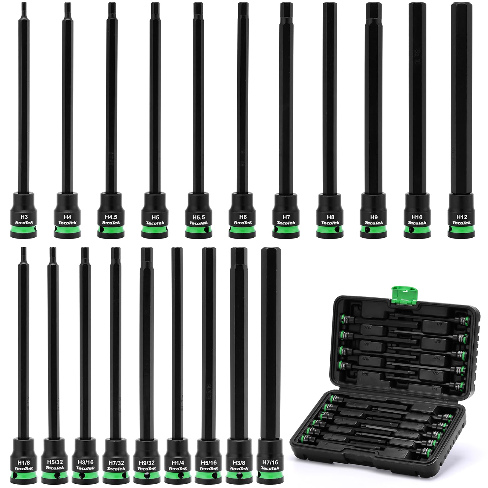 TecoTek 3/8-inch drive long hex sockets in case for durable automotive use.