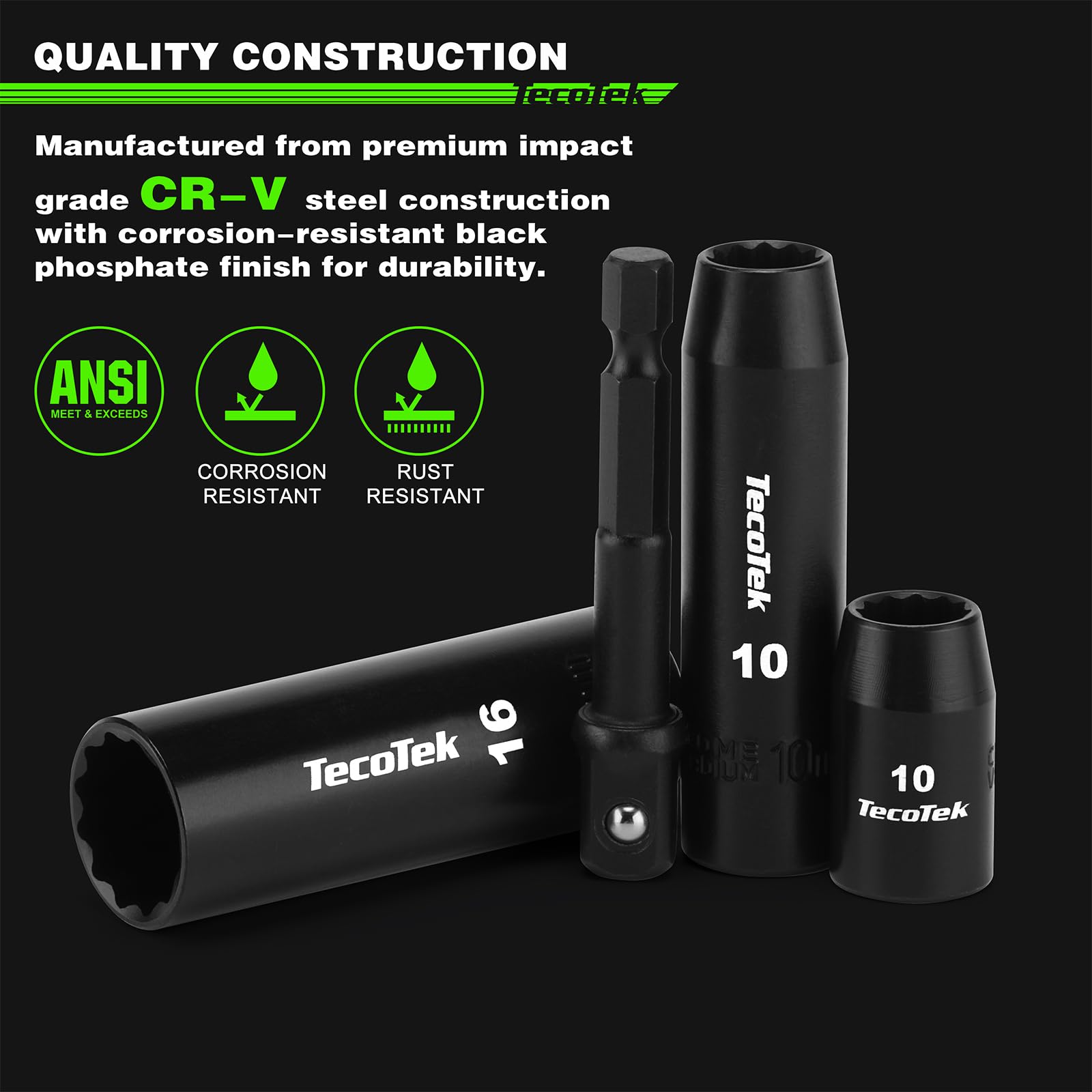 Cr-V steel with black phosphate finish resists corrosion on rugged jobs