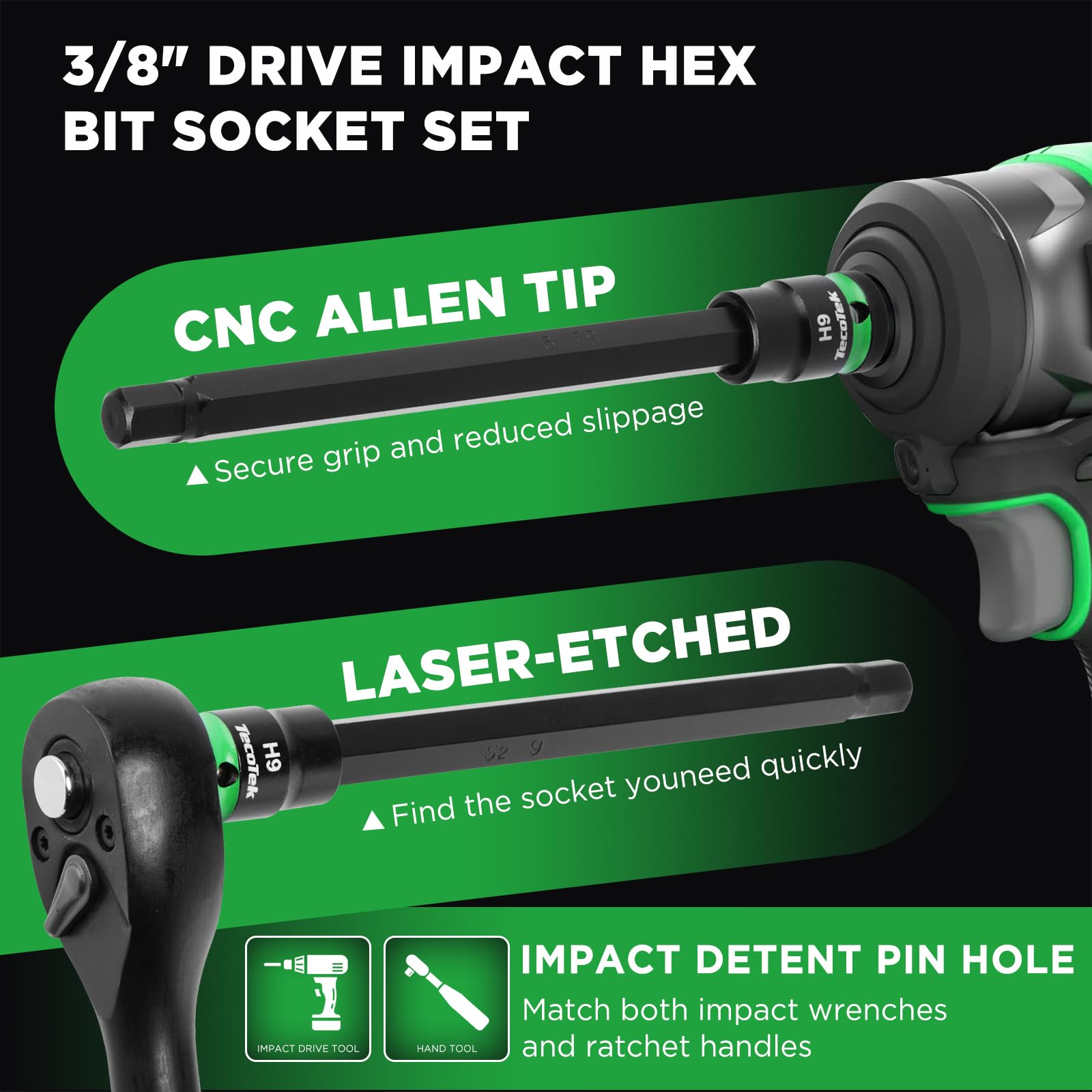 TecoTek high-visibility size markings on sockets simplify quick size finding.