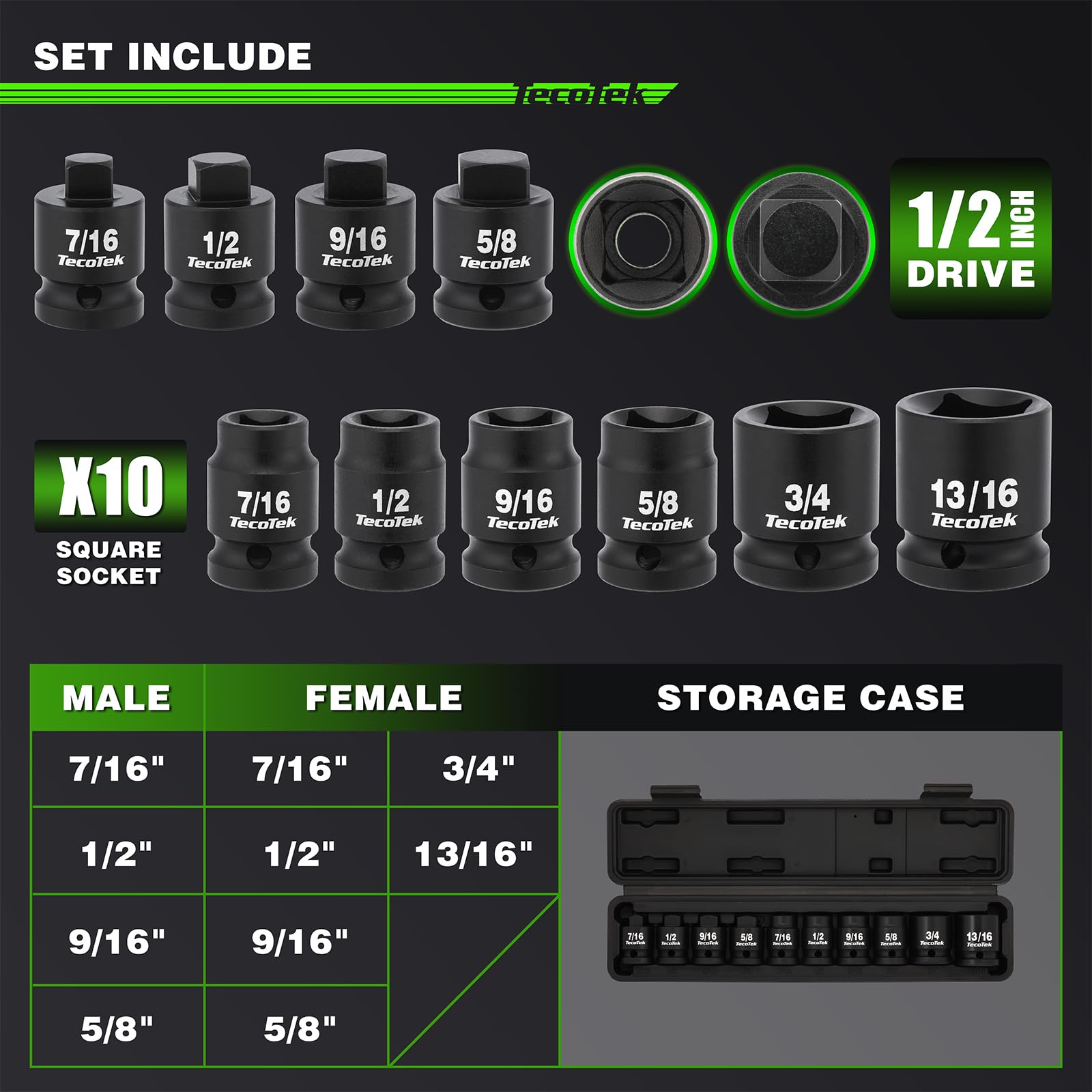 TecoTek 10-piece square drive sockets arranged for easy sizing